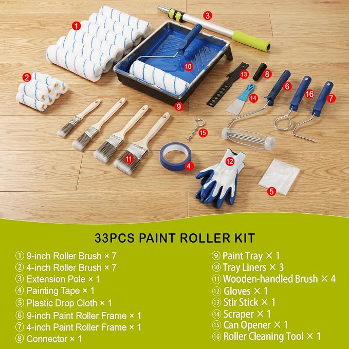 Housolution 33PCS Paint Roller Kit with 2–4 FT Extension Pole, 4 Inch 9 Inch Microfiber Paint Roller, 4 Brushes, Painters Tape, Drop Cloth, Professional Painting Supplies for Walls Ceilings and Home