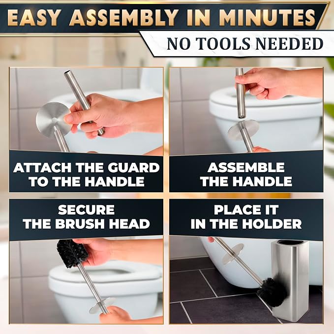 Silver Toilet Brush and Holder Set - Upgrade Your Bathroom in Seconds - Stainless Steel Toilet Bowl Brush and Holder with 2 Rounded Corners, Replaceable Head, Removable Inner Bowl & Splash Guard Cover