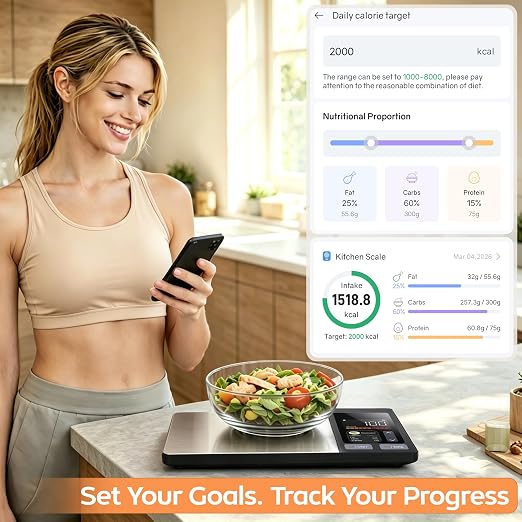 Smart Food Scale with Nutritional Calculator, Free App & TFT Display – Digital Kitchen Scale for Calorie & Macro Tracking, 50 Built-in Foods,23 Nutrients Analysis,Personal Goals for Meal Prep