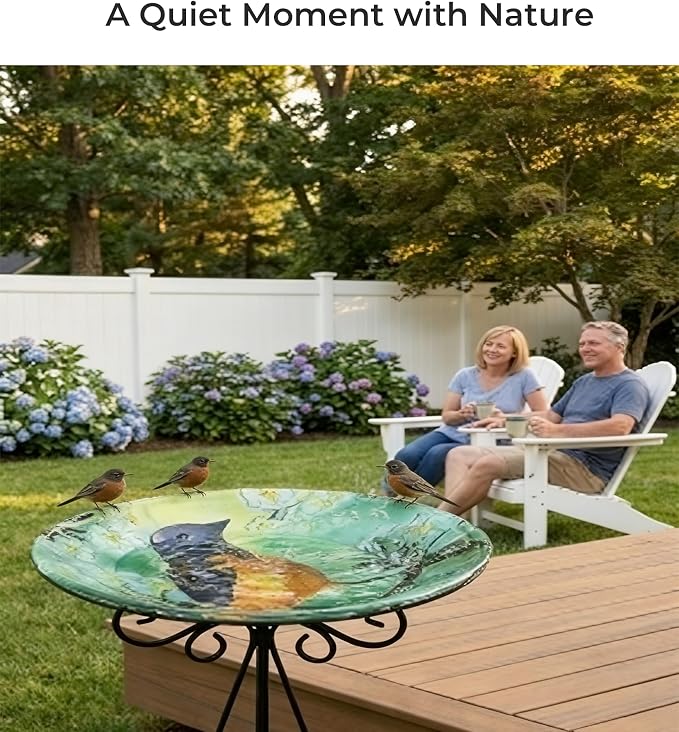 Large Glass Bird Bath with Metal Stand, Baltimore Oriole | 18" Wide Bowl, 3.2" Bathing Depth, Thick Glass Construction, Stable 3-Leg Base, Easy Clean Surface, Garden Decor
