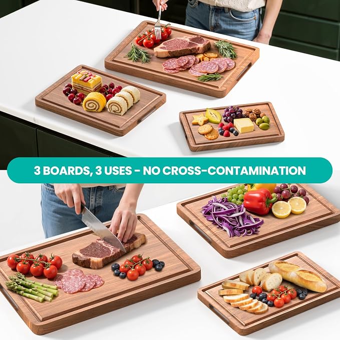 Acacia Wood Cutting Boards Set 3-Piece with Juice Groove & Handles | Charcuterie Chopping Board for Kitchen Meat Cheese Fruits Vegetables Heavy Duty Slip Solid Thick Gift