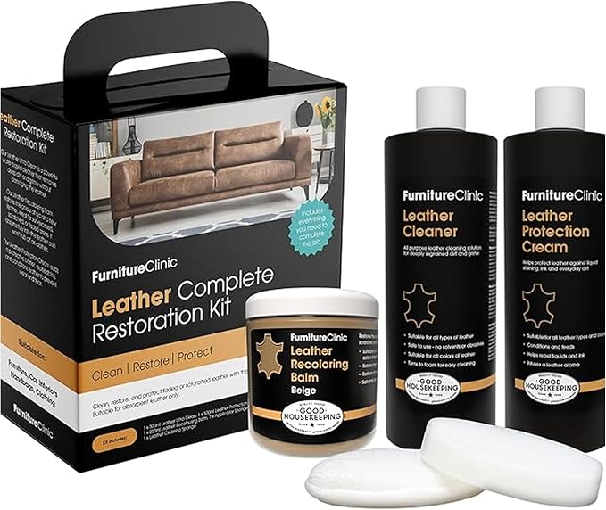 Furniture Clinic Leather Complete Restoration Kit | with Leather Recoloring Balm, Cleaner, 2-in-1 Protection Cream & Conditioner, Sponge, and Cloth | Repair Kit for Furniture (Beige)