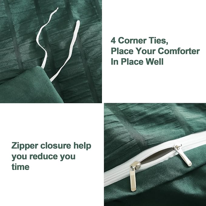 AveLom Dark Green Seersucker Duvet Cover Set King Size (104 x 90 inches), 3 Pieces (1 Duvet Cover + 2 Pillow Cases), Ultra Soft Washed Microfiber, Textured Duvet Cover with Zipper Closure, Corner Ties
