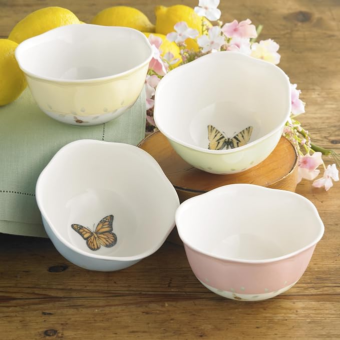 Lenox Butterfly Meadow Colors Porcelain 4-Piece Dessert Bowl Set, 8oz | Dishwasher safe | plates and bowls sets for kitchen and dining | 4.75 inch diameter | 8oz, gift for women