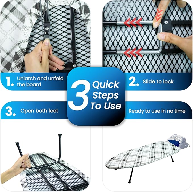Metal Mesh Panel Tabletop Ironing Board | Foldable Iron Board | Heavy Duty Small Iron Board with Heat Resistant Cover and 100% Cotton 8mm Thicken Pad (Elegant)