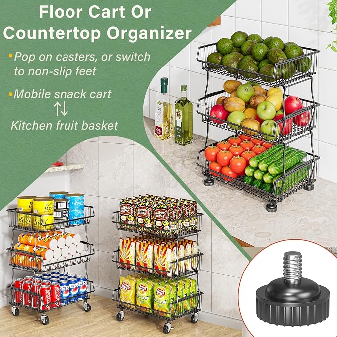 OKZEST Pantry Organizers and Storage Cart with Upgraded Metal Hub Casters | Fits under pantry shelf, Stackable fine-mesh wire baskets, 3-Tier rolling cart holds drink, snack, can, potato, onion, fruit