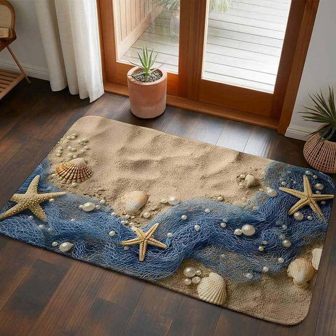 Entryway Rug Indoor Outdoor 31.5"x47.2", Coastal Beach Absorbent Non Slip Floor Mat, Summer Nautical Blue Fishing Net Conch Low-Profile Welcome Mats for Front Door Patio Mudroom Garage Entrance