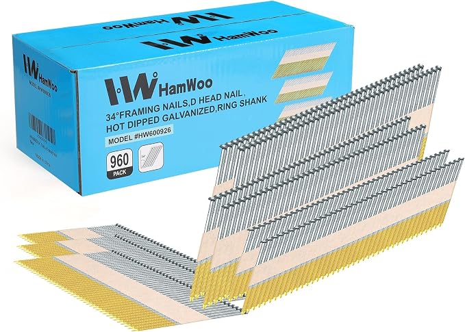 HW HAMWOO 34°Framing Nails,Ring Shank,2",2-1/2",3",3-1/2":960pcs | D Head Nail Pack,Hot Dipped Galvanized Paper Tape Strip Nails,for 30 to 34 Degree Framing Nailer