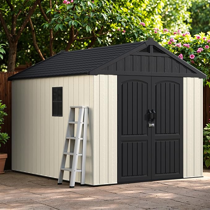 Greesum 8x10FT Plastic Outdoor Storage Shed with Floor, Resin Sheds with Window and Lockable Door, Easy Assembly, HDPE Kick-it Shed for Garden, Lawn, Backyard, Beige
