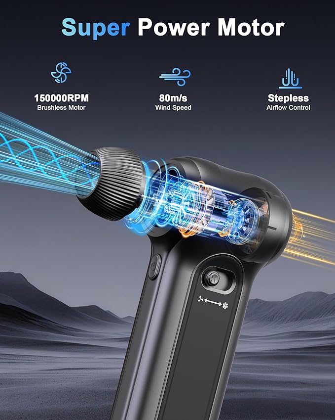 Compressed Air Duster-150000RPM Brushless Motor, Stepless Speed, Rechargeable Powerful Cordless Blower, Portable Air Duster with LED & Magnifier, Nozzle Kit for Keyboard Electronics Car Home (Black)