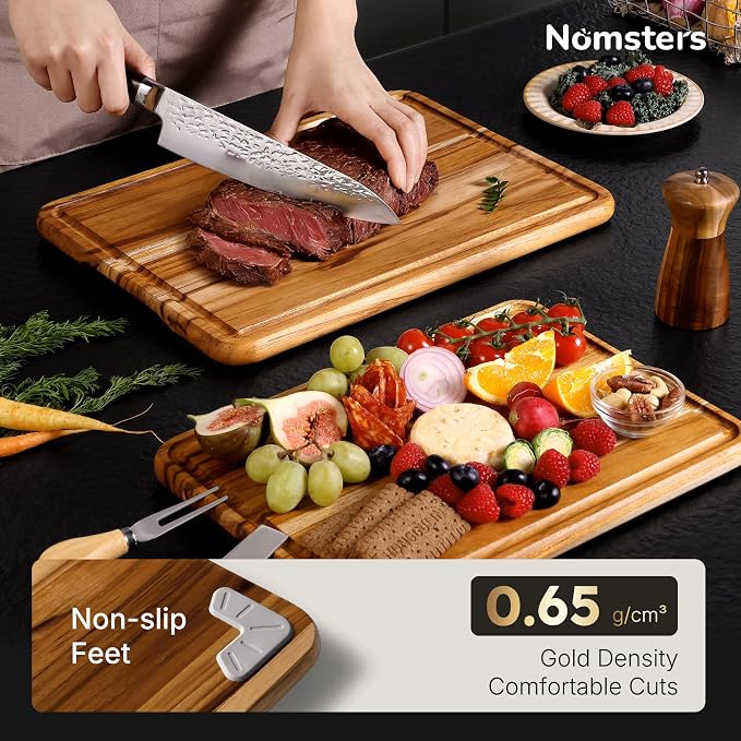 2 Pack Teak Wood Cutting Boards for Kitchen Wooden Chopping Board Non Slip | Charcuterie Board, Non Toxic, Over Sink, Teak Wood, Boards for Fruit&Cheese Prep, Space Saving, Best Kitchen Gift