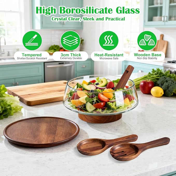 Extra Large Glass Salad Bowl with Lid Set, 5-Qt (160 fl oz) Mixing/Serving Bowl with Wood Base & Salad Servers, Trifle Bowl for Kitchen, Parties & Christmas