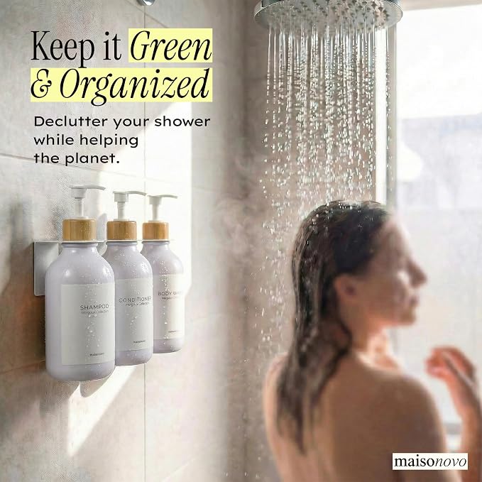 Shampoo and Conditioner Dispenser Wall Mounted Set of 3 White Bamboo - No Drill Shower Soap Dispenser for Bathroom Refillable - Spa Hotel Style Accessories by MaisoNovo