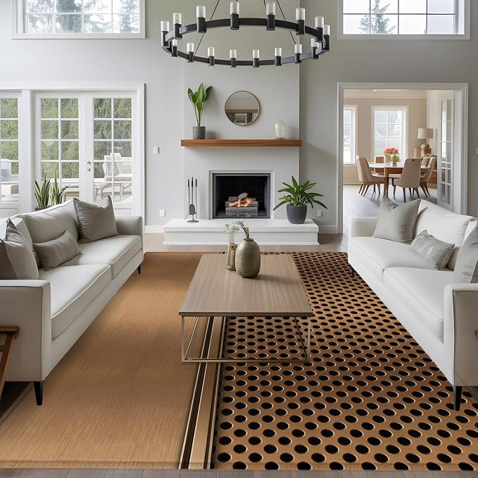8 x 10 Ft Large Area Rug for Living Room, Brown Metal Hole Indoor Accent Rugs for Bedroom, Modern Copper Net Eye Hole Pattern Decorative Modern Carpet Washable Low Pile Non Slip Rug for Dining Room