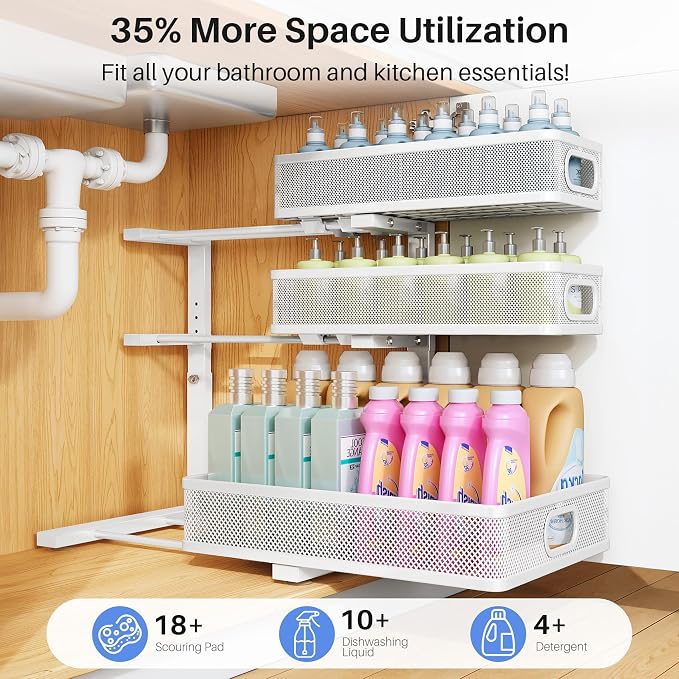 Under Sink Organizer, 2-Pack 3-Tier Thickened Metal Pull out Cabinet Organizer Shelf, Height Adjustable Slide out Storage Drawer Rack for Kitchen Bathroom Pantry Laundry Home Organization, White