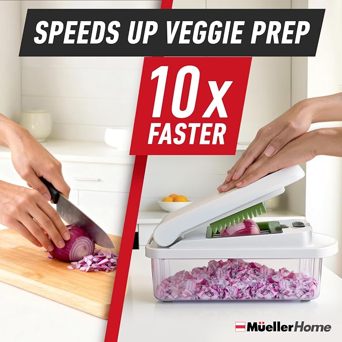 MUELLER HOME Pro-Series 10-in-1, 8 Blade Vegetable Chopper, Onion Mincer, Cutter, Dicer, Egg Slicer with Container, French Fry Cutter Potato Slicer, Home Essentials, Salad Chopper White Sand/Green