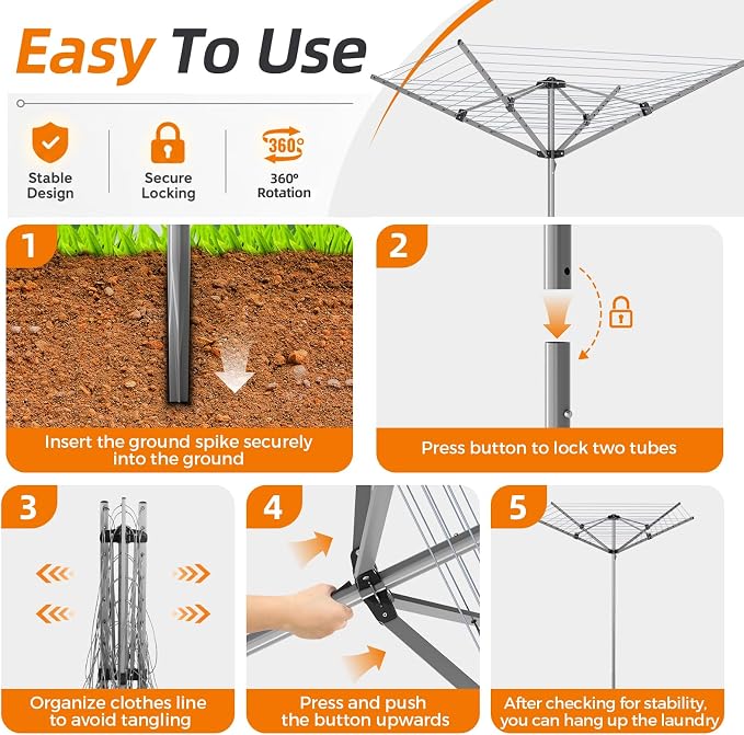 131FT Outdoor Umbrella Clothes Drying Rack | 131FT Metal Drying Rack Clothing, 4-Arm 360°Rotary, Collapsible Clothesline for Lawn Garden Backyard, 67.52" Height