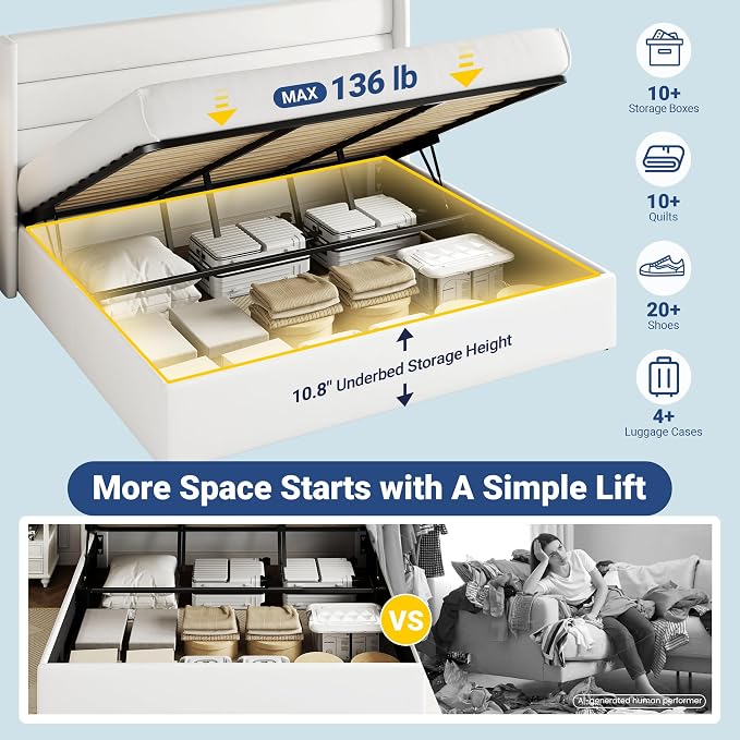 Allewie King Size Lift Up Hydraulic Storage Bed Frame White | Modern Wingback Headboard, Hydraulic Support Storage, No Box Spring Needed