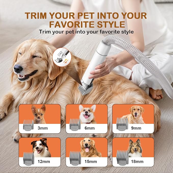 Dog Grooming Vacuum, Dog Grooming Kit with Pet Clipper Nail Grinder, 3 Suction Modes Dog Brush Vacuum with 6 Pet Grooming Tools（Nut Brown）