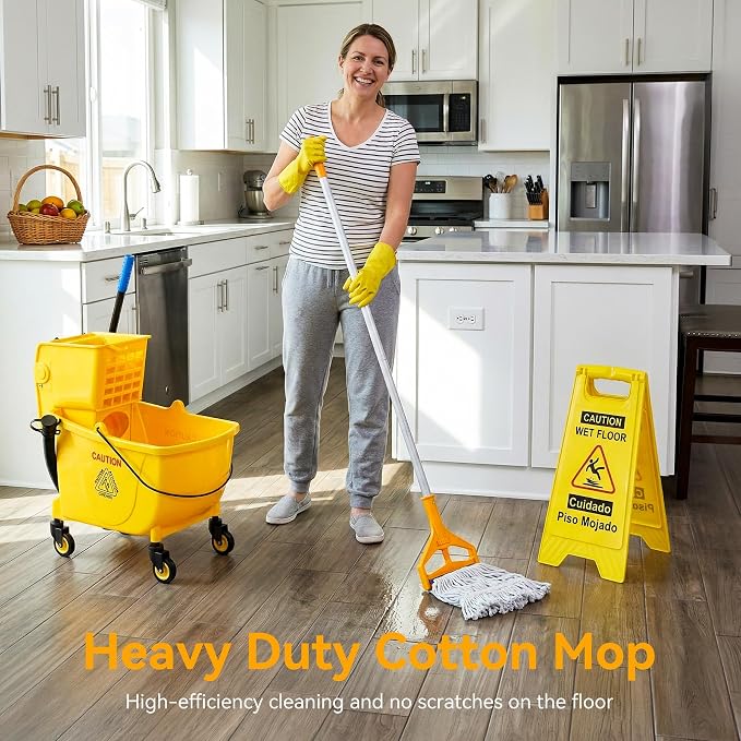 38 Qt Commercial Mop Bucket with Side Press Wringer on Wheels, Including Wet Floor Caution Sign, 1 Heavy Duty Industrial Mop, 1 Mop Head Replacement and a Pair of Gloves
