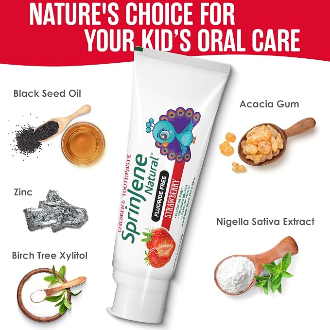 SprinJene Natural Children’s Toothpaste – Fluoride Free Strawberry Toothpaste for Toddlers & Kids – Gentle Safe Natural Formula with Patented Black Seed Oil & Zinc – Made in the USA (1 Pack)
