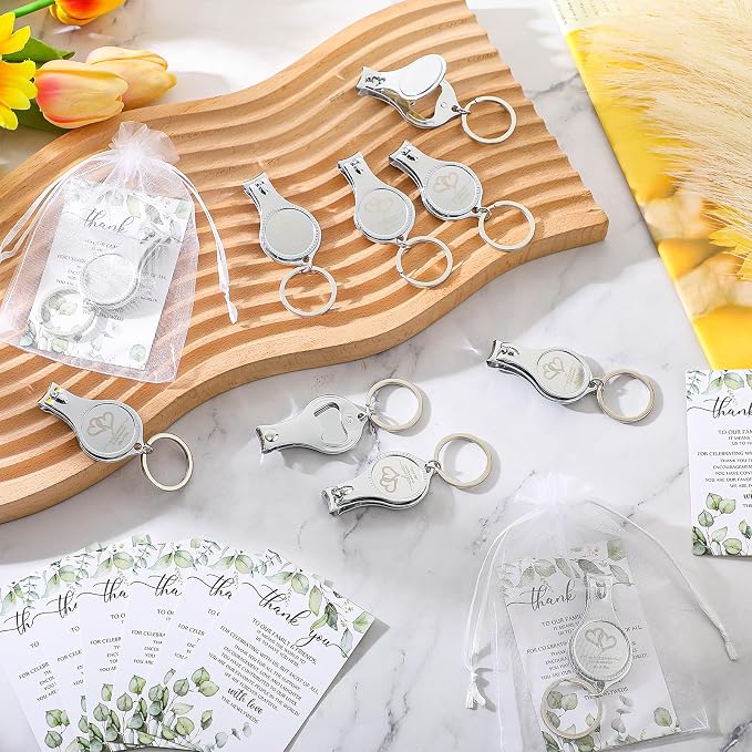 Fulmoon Wedding Multi Function Bottle Opener Nail Clipper Wedding Favors Brewery Cards White Organza Bags for Party Supplies Gift Souvenir Guests Men Women(25 Sets)