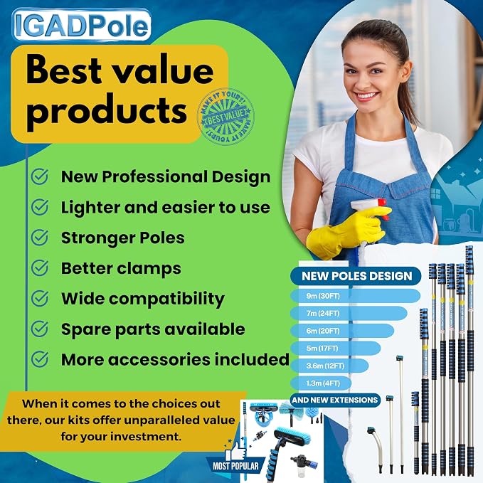IGADPole 17 FT Water-Fed Washing Kit with Soap-Dispenser, Brush, 10″ Squeegee & Cobweb Duster for Windows, Gutters, Solar Panels & Exterior Walls