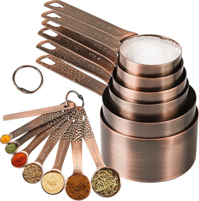 Measuring Cups and Spoons Set, Copper Measuring Cups and Spoons Set, 6 Copper Plated Measure Cups and 7 Metal Measure spoons and 1 Leveler for Kitchen & Baking