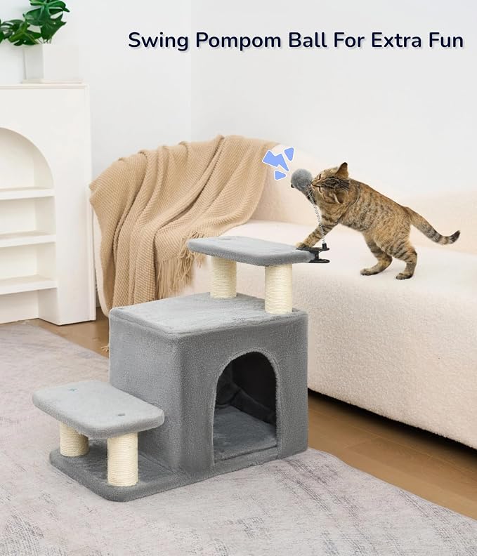 Happi N Pets Cat Stairs with Scratching Post & Large Condo, Stable Pet Steps for High Beds Couch, 3 Combinations Cat Ramp Tree Tower for Cats or Small Dogs, Removable Cushion & Bonus Toy, Gray