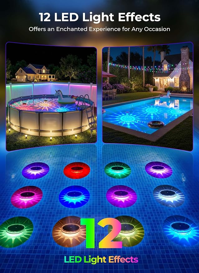 Brightown Floating-Solar-Pool-Lights 2 Pack, RGBWW 12 Lighting Modes 3 Dimming & Timing IP68 Waterproof with Remote Control Solar Floating Pool Lights for Above Ground Pools Inground Pools Accessories