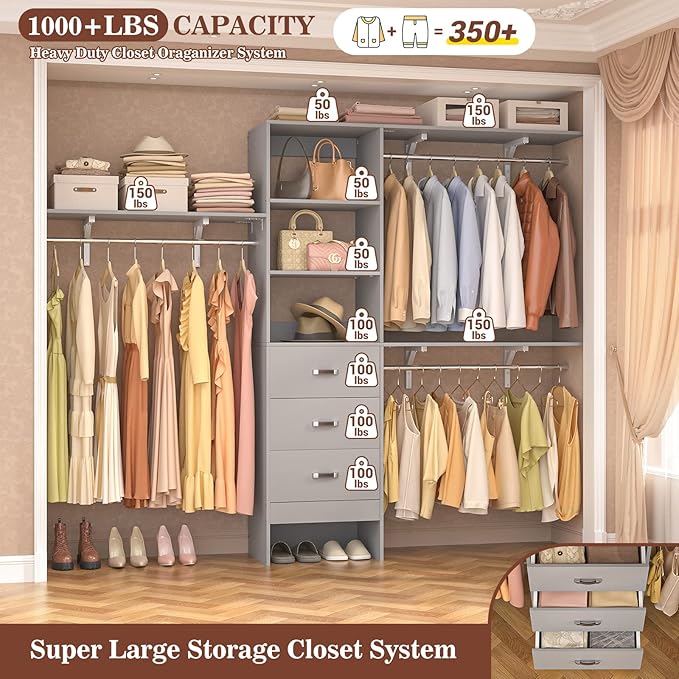 Armocity 96" Wood Closet System with 3 Enclosed Drawers & 3 Solid Shelves, 8FT Adjustable Closet Organizers and Storage, Heavy Duty Modular Wardrobe for Reach-In & Walk-In, 1000 LBS Load, Grey