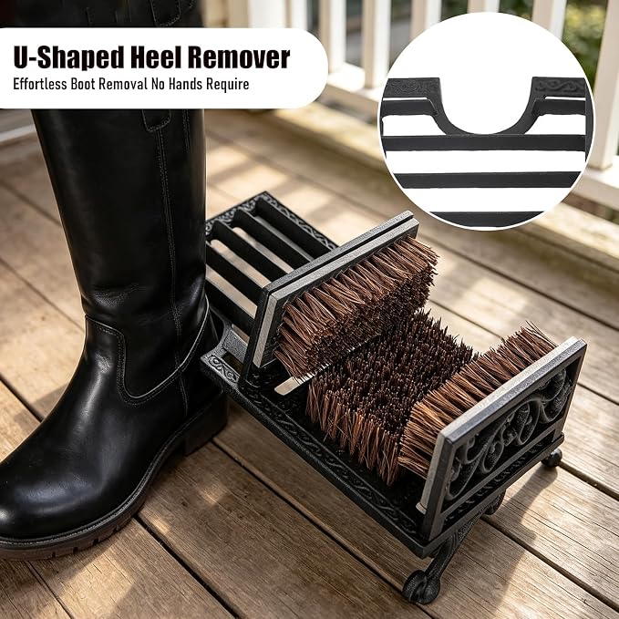 Cast Iron Boot Scrubber with Heel Remover & Brush | Black Heavy Duty Boot Scraper with Brush, Durable Outdoor Boot Cleaning Tool for Muddy Shoes for Porch Garage Entryway