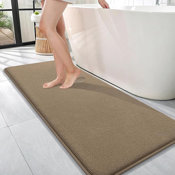 OLANLY Memory Foam Bathroom Runner Rug 47x17, Absorbent Long Bath Mat, Tan | Soft Quick Dry Bath Mat Rugs, Non-Slip, Machine Washable Mat for Bathroom Floor, Tub and Shower, Home Decor Accessories