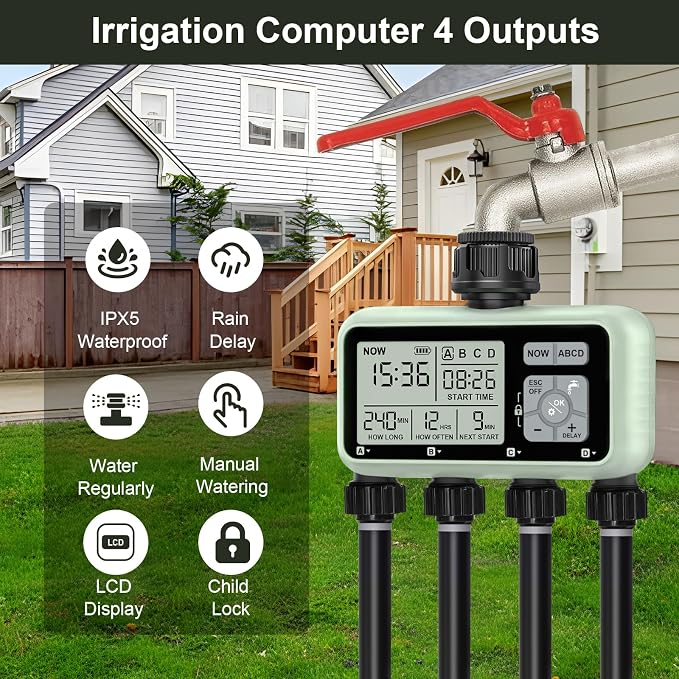 Watering Timer 4 Zone, Sprinkler Timer,Programmable Garden Outdoor Hose Faucet Timer with Rain Delay/Manual/Automatic Watering System,Water Hose Irrigation Timers 4 Outlet for Garden Lawn