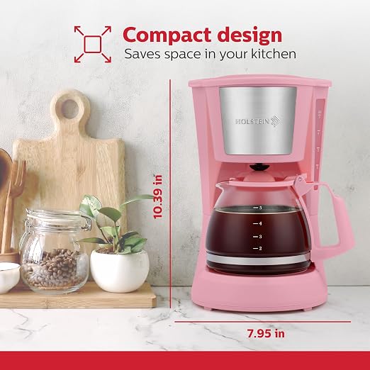 Holstein Housewares 5 Cup Drip Coffee Maker – Compact and User-Friendly with Auto Pause & Serve, Reusable Filter, Measuring Spoon & Glass Carafe, Office & Dorm Use, Pink
