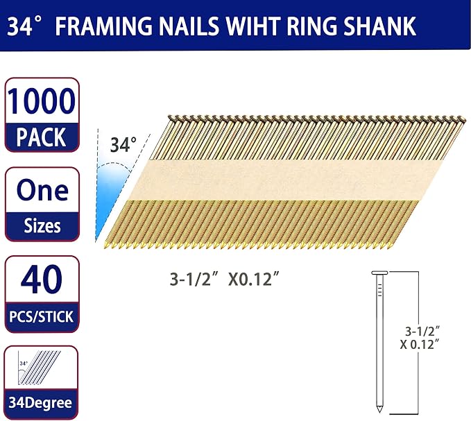 HW HAMWOO 34°Framing Nails,Galvanized Ring Shank,3-1/2":1000pcs | D Head Nail Pack,Paper Tape Strip Nails,for 30 to 34 Degree Framing Nailer