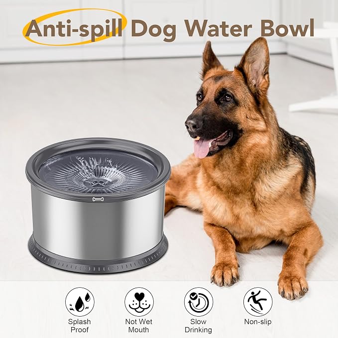 4.5L/1.2Gal Dog Water Bowl, No Spill Stainless Steel Slow Water Bowl for Medium Large Dogs, Large Capacity Splash Proof Slow Drinking Water Bowls with Anti-Slip Mat for Mess Drinkers, Gray | Large Capacity, Slow Drinking Feeder, Splash Proof, with Anti...