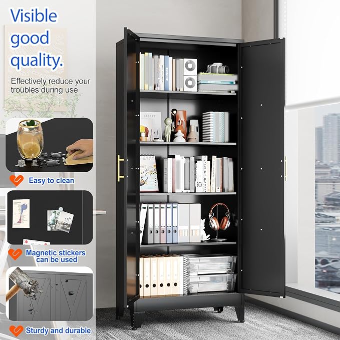 GAIOUS 71" Tall Kitchen Pantry Cabinet,Metal Storage Cabinet Black Cupboard | Steel Office Cabinet, Freestanding Bookcase with 2 Doors and 4 Adjustable Shelves, Bathroom Kitchen Home Garage Tool Cabinet