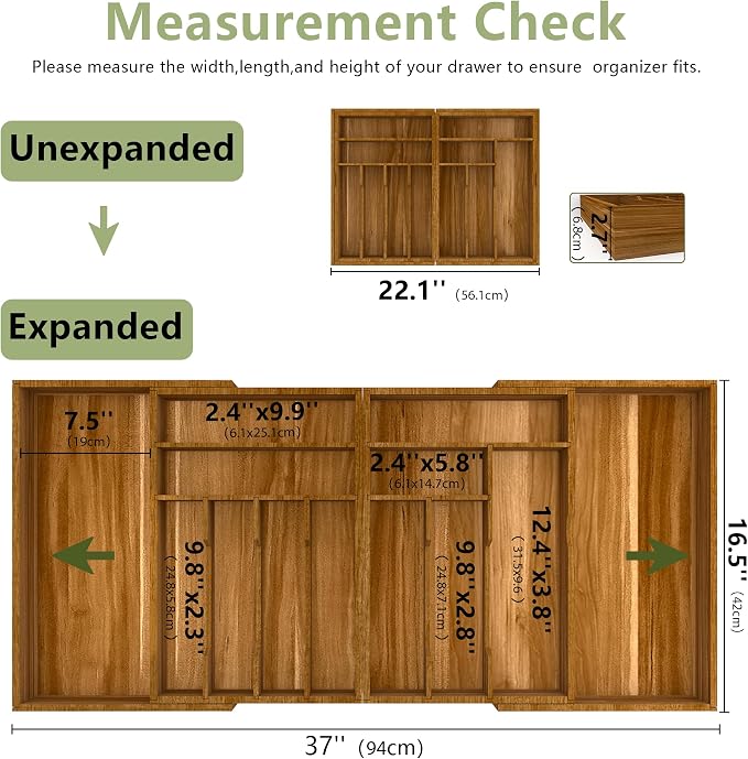 Suli Large Silverware Drawer Organizer, Acacia Wood Adjustable Kitchen Flatware for Forks Knives and Spoons, Cutlery Utensil Holder, Expandable from 22in-37in