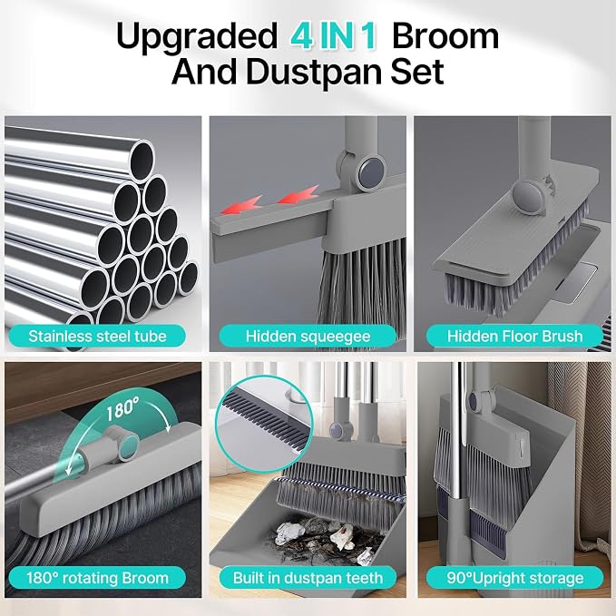 4 in 1 Multifunctional Broom and Dustpan Combo Set with 44" Long Handle, Squeegee and Cleaning Brush,for Clean Home Kitchen Bathroom Office,Indoor Outdoor,Pet Hair,Bathtub and Glass(Grey)