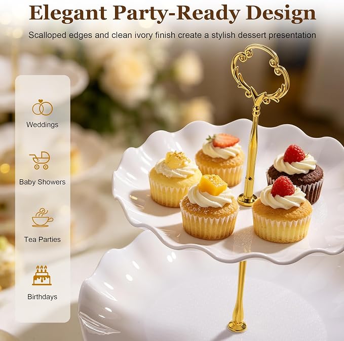 Dessert Table Display Set 13PCS, 3-Tier Cupcake Stand Set with Metal Gold Rods, 3 Round & 3 Square Dessert Stands, 4 Serving Trays & 3 Tongs for Wedding Birthday Baby Shower Party Decor