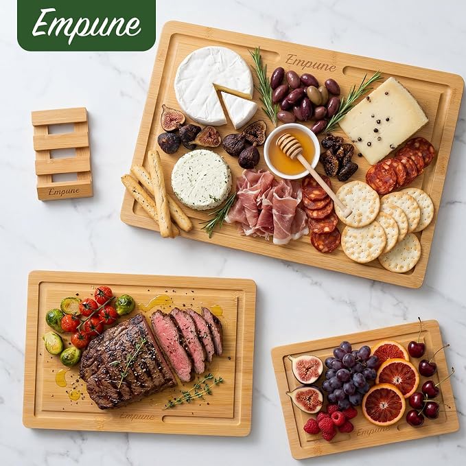 Bamboo Cutting Boards for Kitchen, 3 Piece Extra Thick Cutting Board Set with Juice Groove, Deep Carbonized Bamboo Chopping Board, Reversible Wood Cutting Board for Meat, Charcuterie & Serving