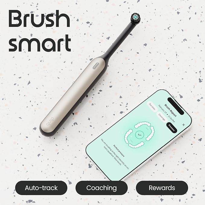 Quip Rev Smart Oscillating Toothbrush - Timed Electric Toothbrush with Case - 11x More Plaque Removal - 4 Intensities - 30-Day Battery Life Charge - Black Crescent