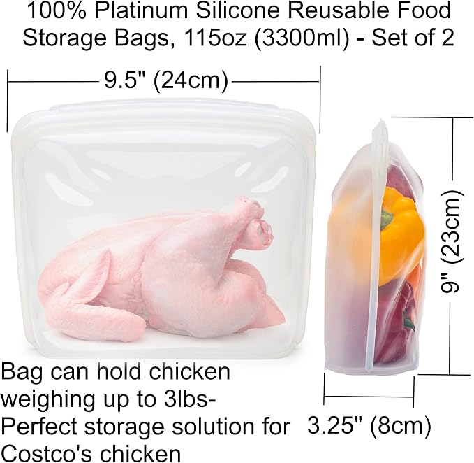 Elkanah Reusable Silicone Freezer Bags, XL 1 Gallon, Set of 2, Oven Safe | 116fl oz Reusable silicone bags that go from freezer to oven to sous vide — no more single-use bags