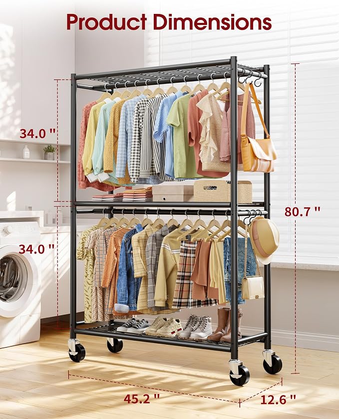 Sakugi Clothes Rack - Double Hanging Rod Clothing Rack with Wheels & Leveling Feet, Large Capacity Wardrobe Closet with Shelves for Bedroom, Laundry Room, Entryway, 45.2" x 12.6" x 80.7", Black