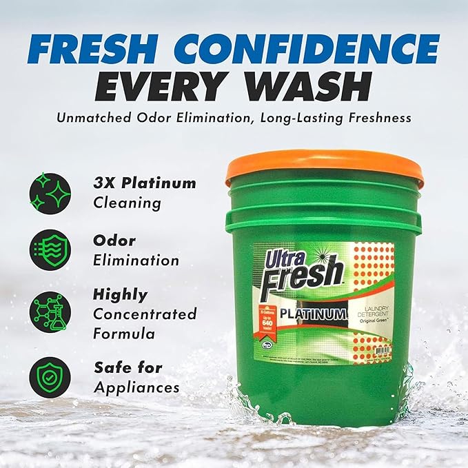 Ultra Fresh 3X Platinum Laundry Detergent, 5 Gallon, Bundled with Platinum Spring Fresh Fabric Softener and Pump, Up to 640 Loads, Orange/Blue