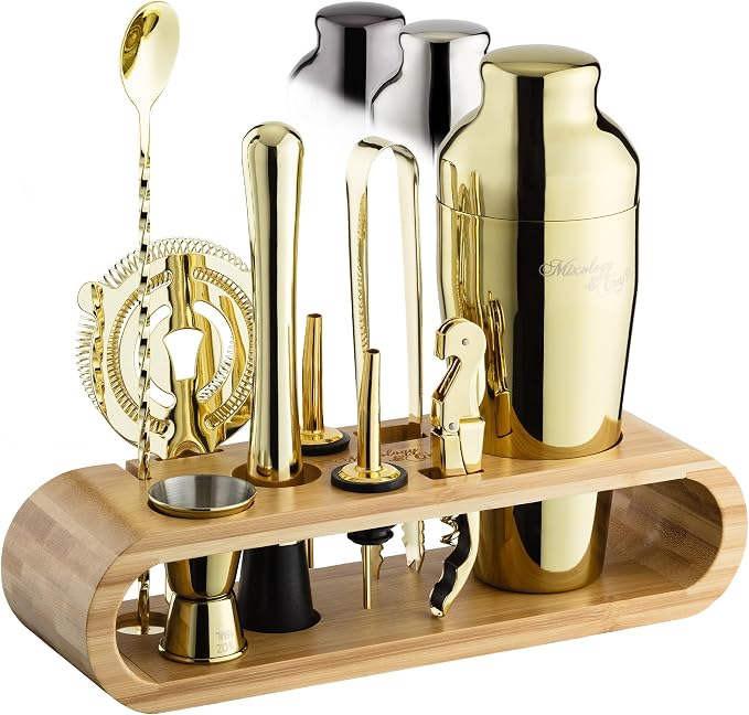Mixology & Craft Cocktail Shaker Set with Bamboo Stand - Professional 10-Piece Bartender Kit, Complete Bar Set for Home Use with Jigger, Muddler, Strainer, Spoon, Pourers & Corkscrew (Gold)
