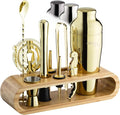 Mixology & Craft Cocktail Shaker Set with Bamboo Stand - Professional 10-Piece Bartender Kit, Complete Bar Set for Home Use with Jigger, Muddler, Strainer, Spoon, Pourers & Corkscrew (Gold)