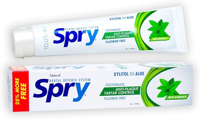 Spry Natural Fluoride Free Xylitol Toothpaste, 5oz Spearmint (Pack of 1) | Gentle for Sensitive Teeth Whitening and Remineralizing, Bad Breath Freshening, Dry Mouth Moisturizing, for Adults and Kids