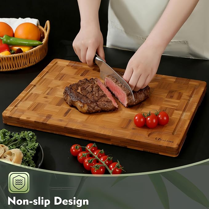 Heavy Duty Bamboo Cutting Board Set 3 Pack Non Toxic Juice Groove Charcuterie Board Book Wood Cutting Boards for Kitchen Solid End Grain Wood Chopping Board Large Butcher Block